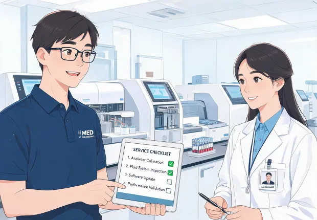 Clinical engineer advising laboratory manager